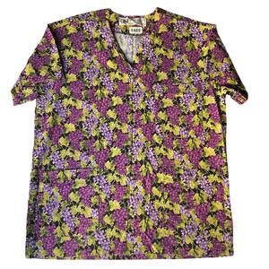 Nightingales Women’s Short Sleeve V-neck Floral Nurse Shirt size S, Purple Green
